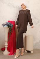 Tesettür giyim KAHVE BONCUK İŞLEMELİ İKİLİ PANTOLONLU TAKIM T 0603