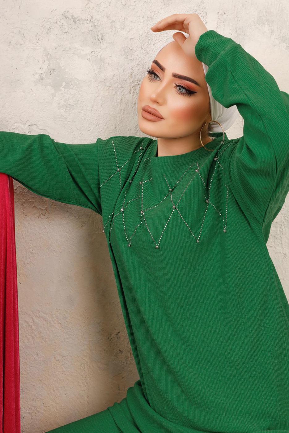 Tesettür giyim YEŞİL BONCUK İŞLEMELİ İKİLİ PANTOLONLU TAKIM T 0603