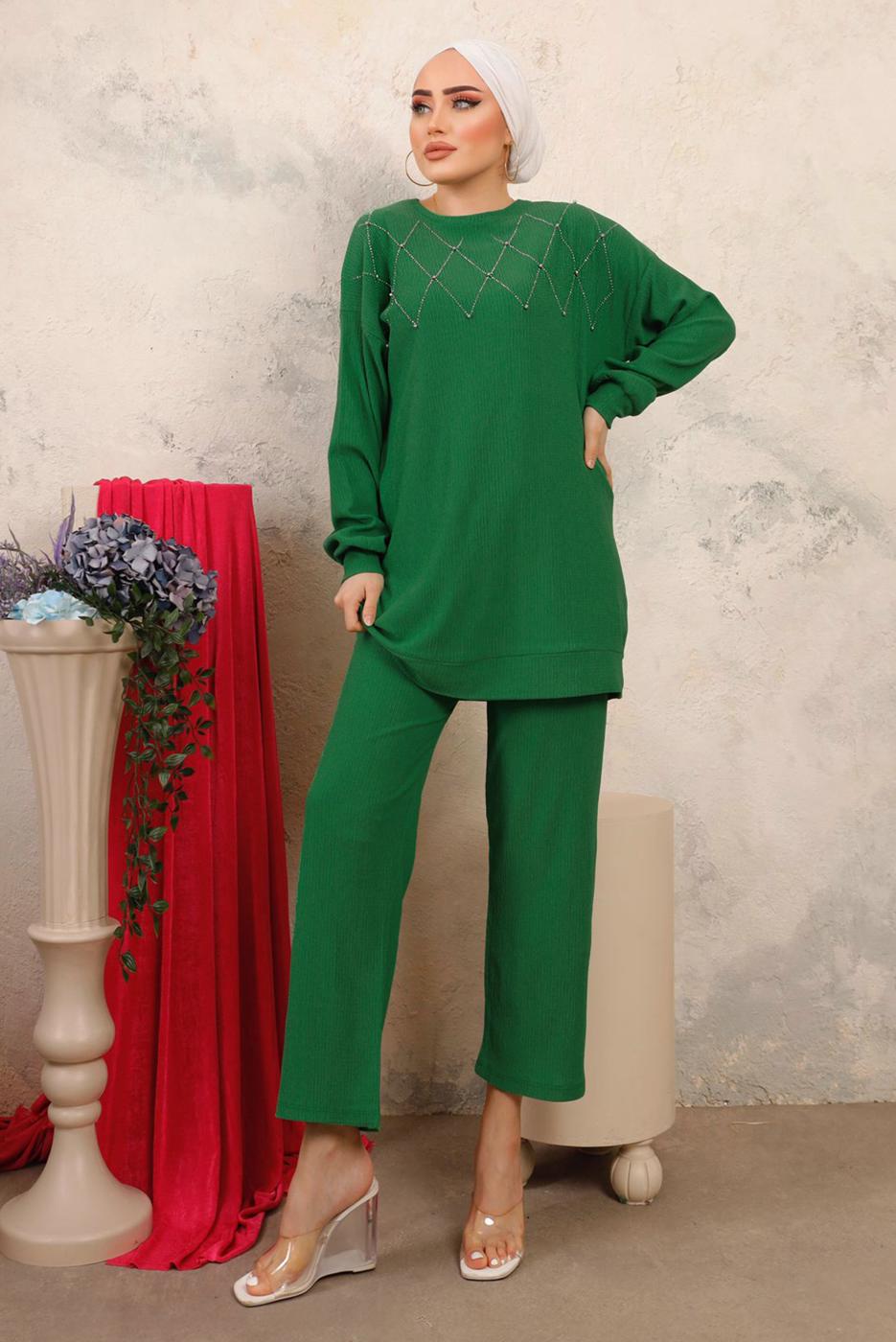 Tesettür giyim YEŞİL BONCUK İŞLEMELİ İKİLİ PANTOLONLU TAKIM T 0603