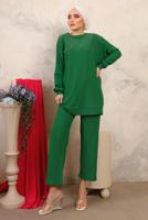 Tesettür giyim YEŞİL BONCUK İŞLEMELİ İKİLİ PANTOLONLU TAKIM T 0603