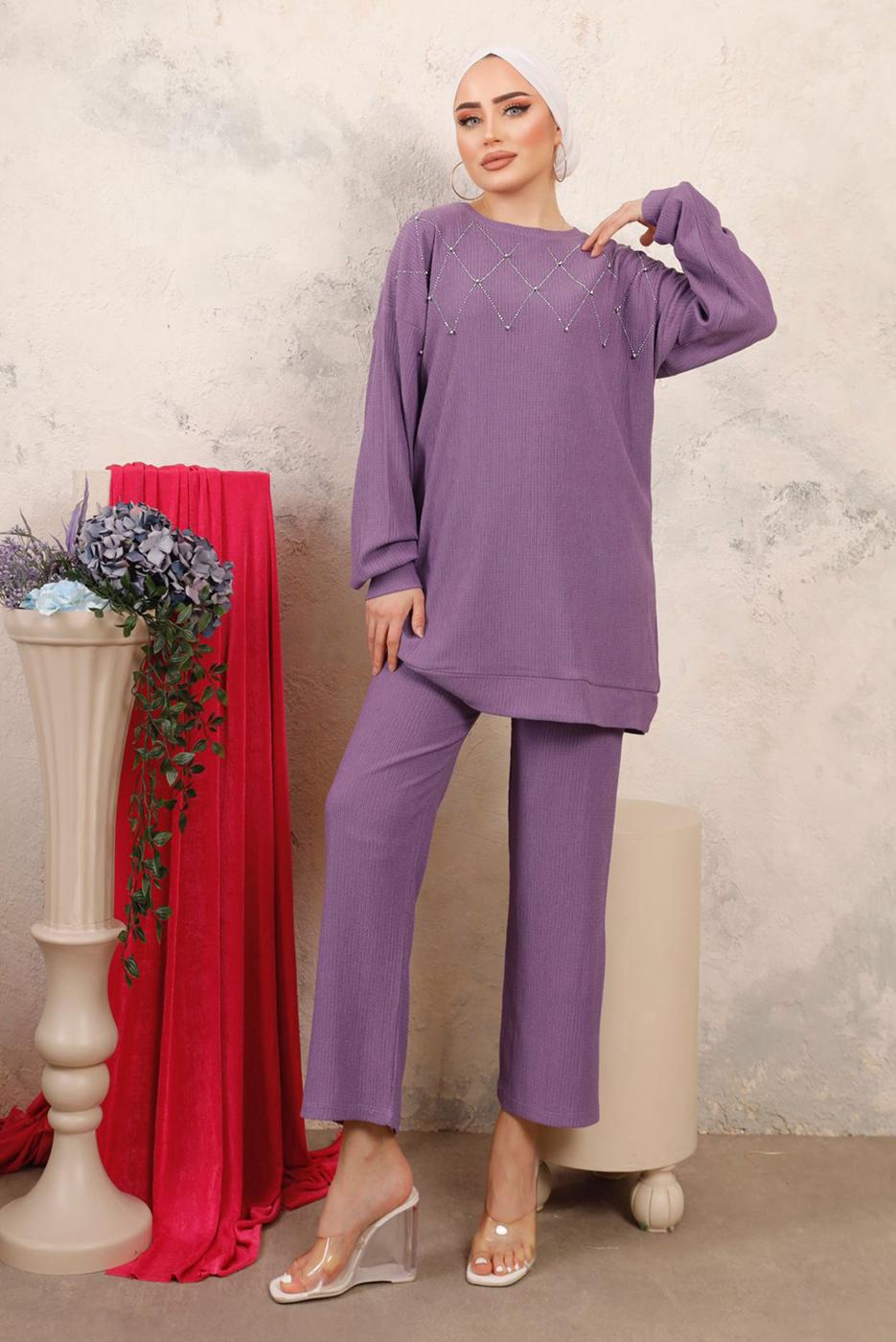 Tesettür giyim MOR BONCUK İŞLEMELİ İKİLİ PANTOLONLU TAKIM T 0603