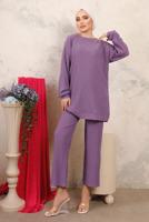 Tesettür giyim MOR BONCUK İŞLEMELİ İKİLİ PANTOLONLU TAKIM T 0603