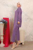 Tesettür giyim MOR BONCUK İŞLEMELİ İKİLİ PANTOLONLU TAKIM T 0603