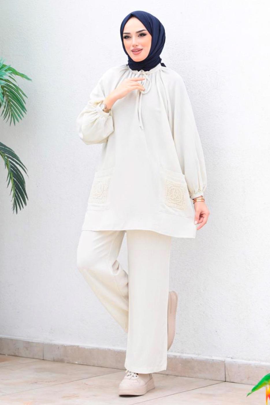 Tesettür giyim BEJ YAKASI BAĞLAMA DETAYLI İKİLİ PANTOLONLU TAKIM T 0655