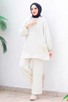 Tesettür giyim BEJ YAKASI BAĞLAMA DETAYLI İKİLİ PANTOLONLU TAKIM T 0655