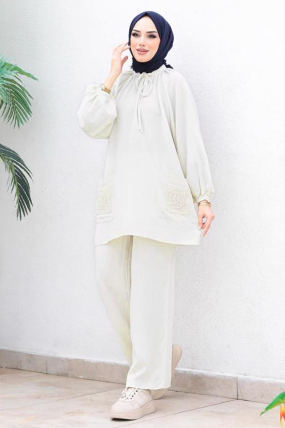 Tesettür giyim BEJ YAKASI BAĞLAMA DETAYLI İKİLİ PANTOLONLU TAKIM T 0655