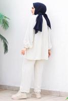 Tesettür giyim BEJ YAKASI BAĞLAMA DETAYLI İKİLİ PANTOLONLU TAKIM T 0655