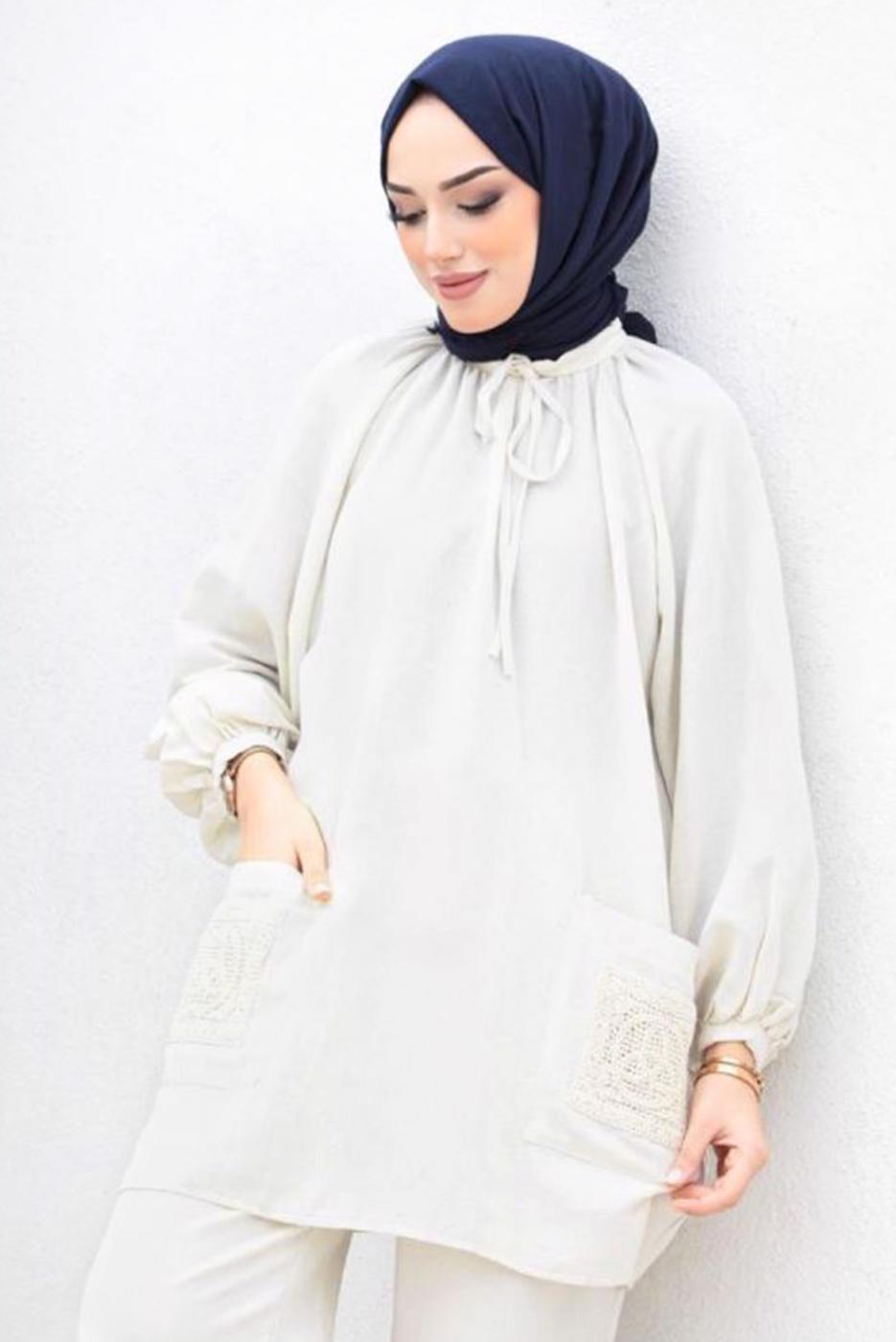 Tesettür giyim BEJ YAKASI BAĞLAMA DETAYLI İKİLİ PANTOLONLU TAKIM T 0655