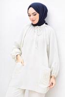 Tesettür giyim BEJ YAKASI BAĞLAMA DETAYLI İKİLİ PANTOLONLU TAKIM T 0655