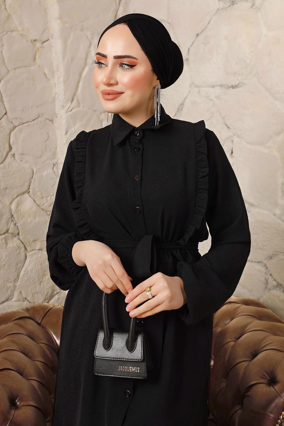 Tesettür giyim SİYAH FIRFIR DETAYLI KUŞAKLI PANTOLONLU TAKIM T 0892