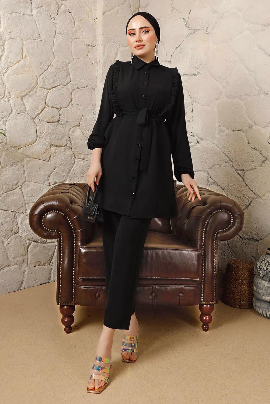 Tesettür giyim SİYAH FIRFIR DETAYLI KUŞAKLI PANTOLONLU TAKIM T 0892