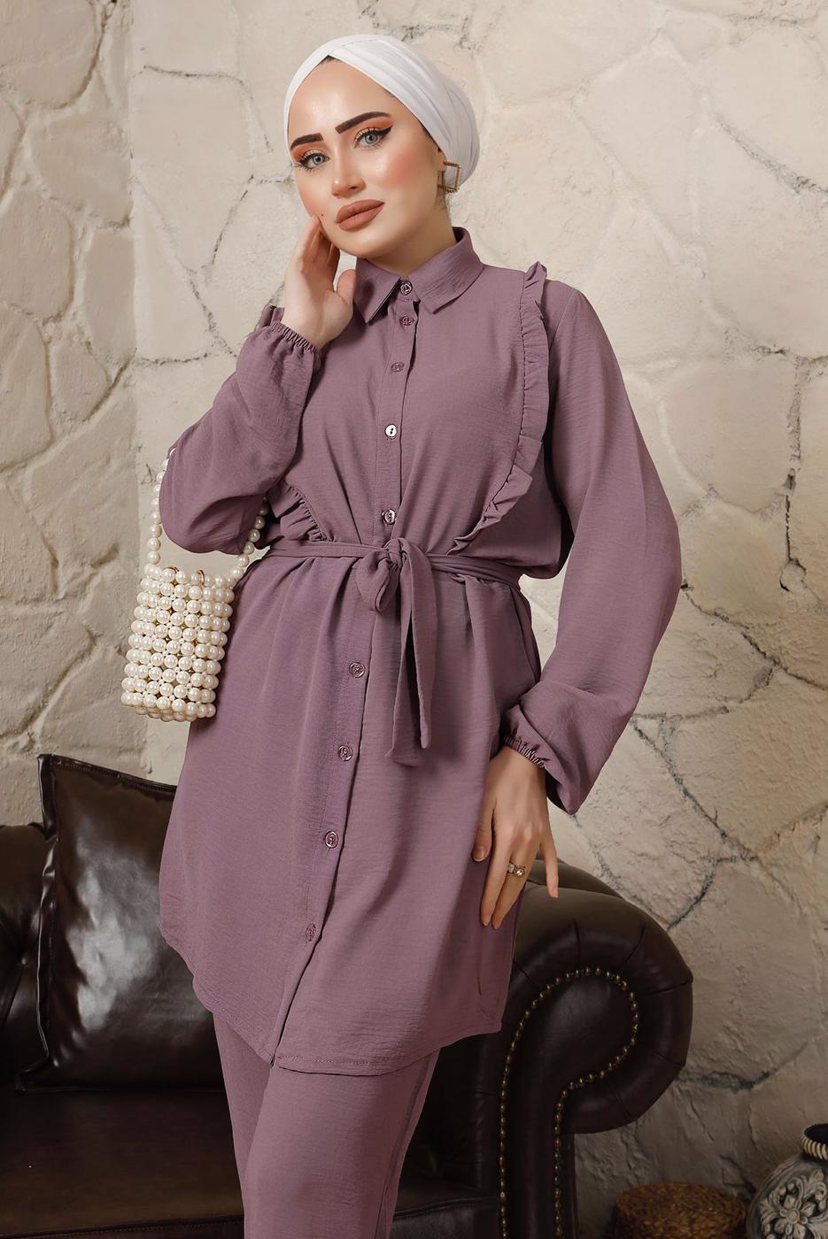 Tesettür giyim MOR FIRFIR DETAYLI KUŞAKLI PANTOLONLU TAKIM T 0892