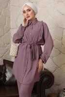 Tesettür giyim MOR FIRFIR DETAYLI KUŞAKLI PANTOLONLU TAKIM T 0892