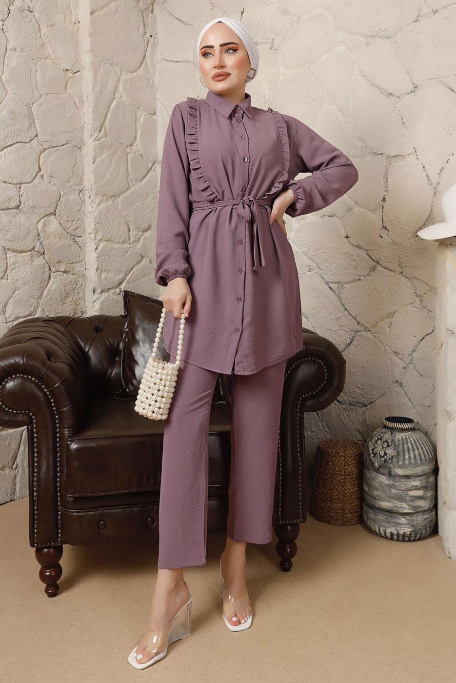 Tesettür giyim MOR FIRFIR DETAYLI KUŞAKLI PANTOLONLU TAKIM T 0892