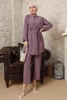 Tesettür giyim MOR FIRFIR DETAYLI KUŞAKLI PANTOLONLU TAKIM T 0892