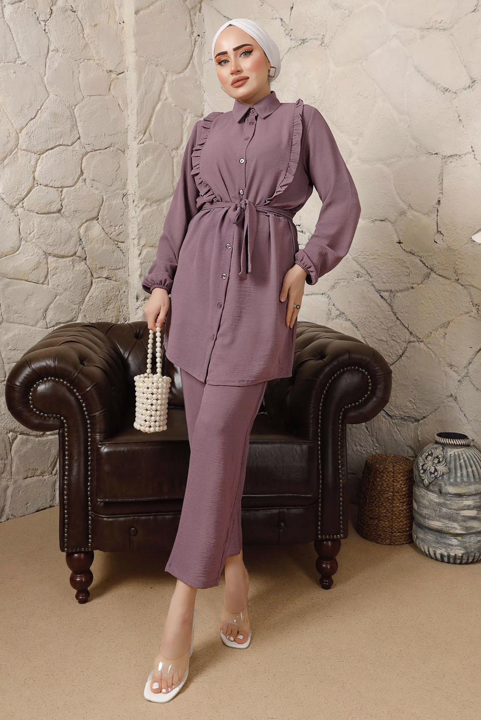 Tesettür giyim MOR FIRFIR DETAYLI KUŞAKLI PANTOLONLU TAKIM T 0892