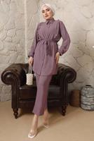 Tesettür giyim MOR FIRFIR DETAYLI KUŞAKLI PANTOLONLU TAKIM T 0892