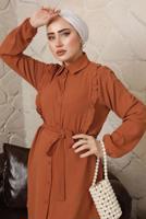 Tesettür giyim TURUNCU FIRFIR DETAYLI KUŞAKLI PANTOLONLU TAKIM T 0892