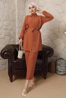 Tesettür giyim TURUNCU FIRFIR DETAYLI KUŞAKLI PANTOLONLU TAKIM T 0892