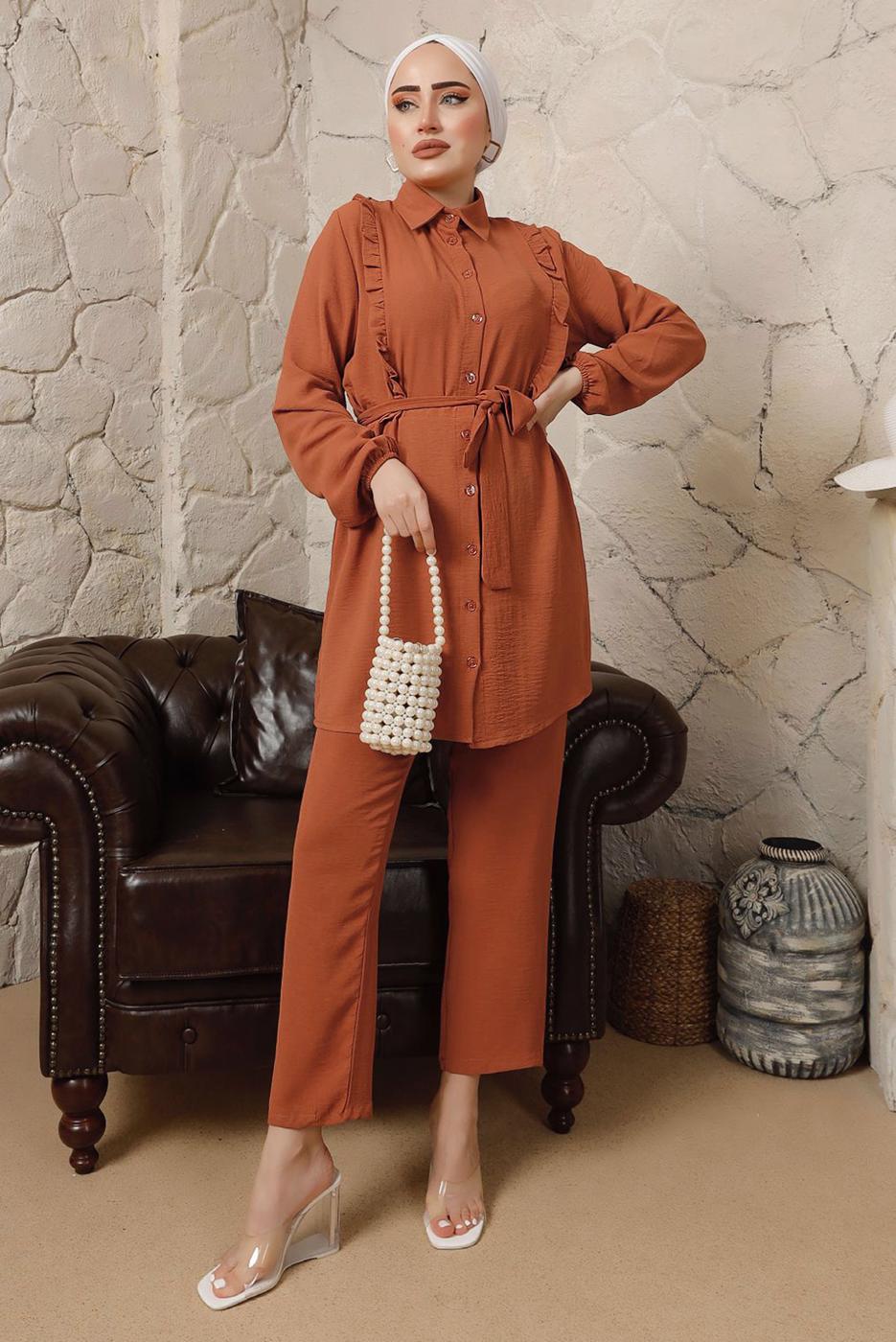 Tesettür giyim TURUNCU FIRFIR DETAYLI KUŞAKLI PANTOLONLU TAKIM T 0892