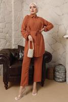 Tesettür giyim TURUNCU FIRFIR DETAYLI KUŞAKLI PANTOLONLU TAKIM T 0892