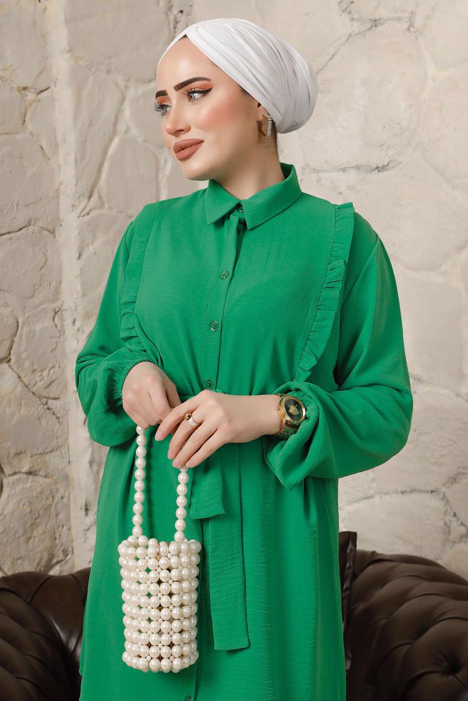 Tesettür giyim YEŞİL FIRFIR DETAYLI KUŞAKLI PANTOLONLU TAKIM T 0892