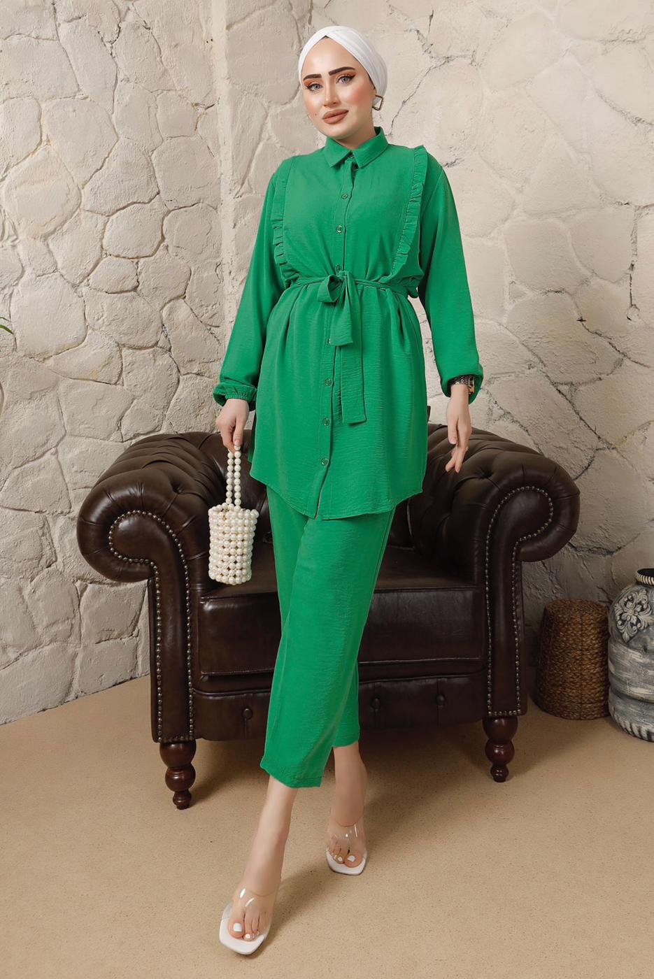 Tesettür giyim YEŞİL FIRFIR DETAYLI KUŞAKLI PANTOLONLU TAKIM T 0892