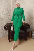 Tesettür giyim YEŞİL FIRFIR DETAYLI KUŞAKLI PANTOLONLU TAKIM T 0892