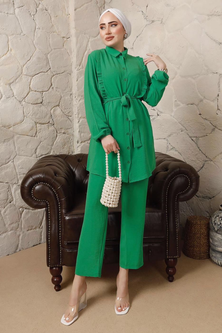 Tesettür giyim YEŞİL FIRFIR DETAYLI KUŞAKLI PANTOLONLU TAKIM T 0892