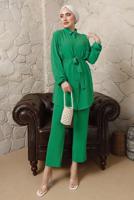 Tesettür giyim YEŞİL FIRFIR DETAYLI KUŞAKLI PANTOLONLU TAKIM T 0892