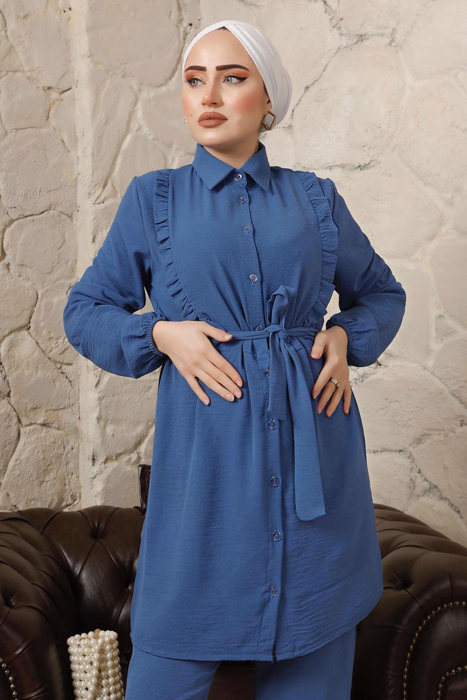 Tesettür giyim LACİVERT FIRFIR DETAYLI KUŞAKLI PANTOLONLU TAKIM T 0892