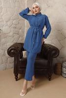 Tesettür giyim LACİVERT FIRFIR DETAYLI KUŞAKLI PANTOLONLU TAKIM T 0892