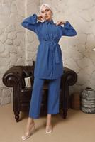 Tesettür giyim LACİVERT FIRFIR DETAYLI KUŞAKLI PANTOLONLU TAKIM T 0892