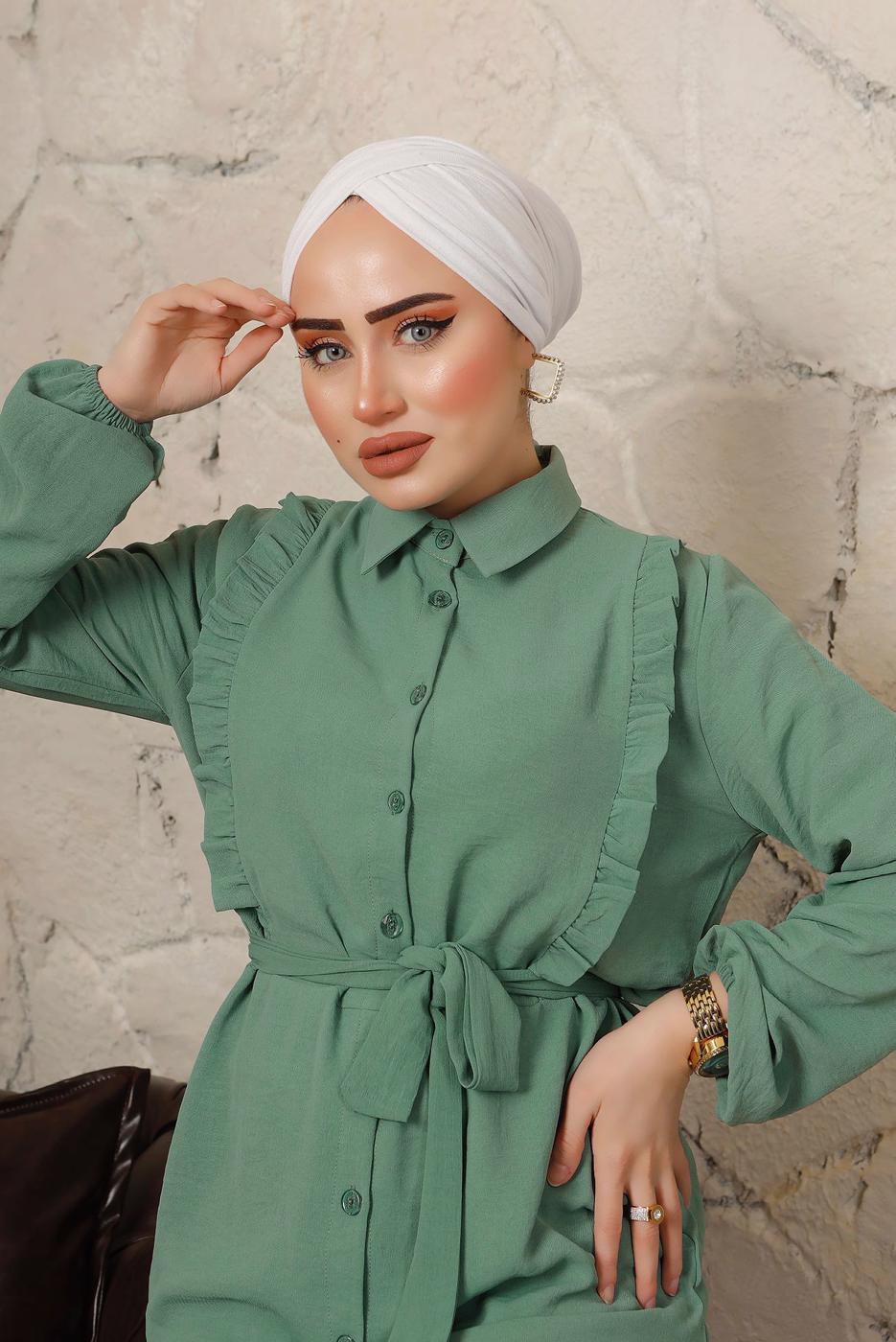 Tesettür giyim YEŞİL FIRFIR DETAYLI KUŞAKLI PANTOLONLU TAKIM T 0892