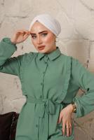 Tesettür giyim YEŞİL FIRFIR DETAYLI KUŞAKLI PANTOLONLU TAKIM T 0892