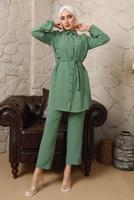 Tesettür giyim YEŞİL FIRFIR DETAYLI KUŞAKLI PANTOLONLU TAKIM T 0892