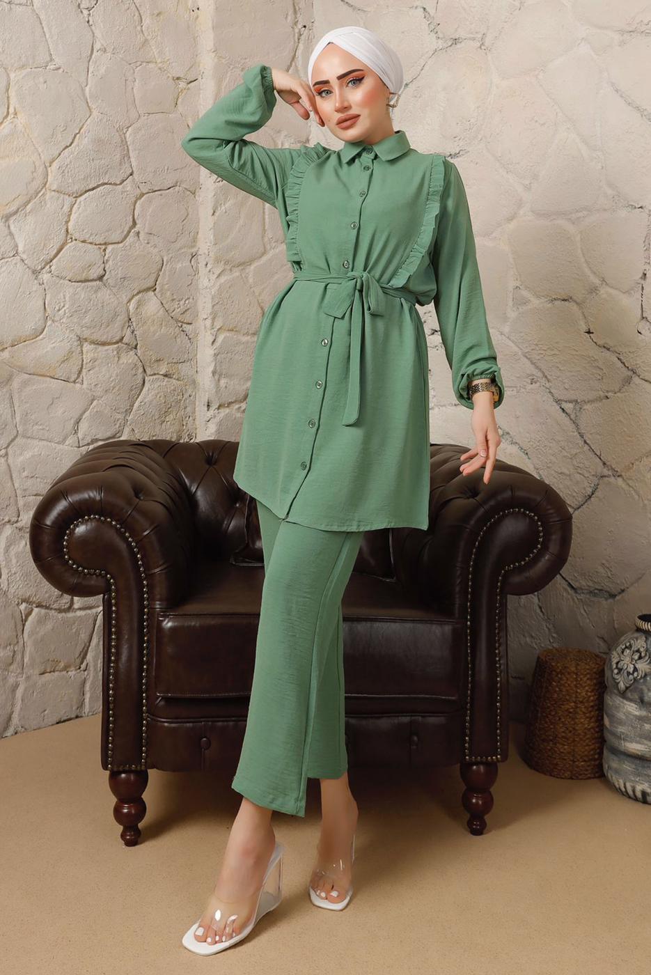Tesettür giyim YEŞİL FIRFIR DETAYLI KUŞAKLI PANTOLONLU TAKIM T 0892