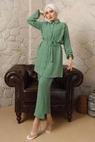 Tesettür giyim YEŞİL FIRFIR DETAYLI KUŞAKLI PANTOLONLU TAKIM T 0892