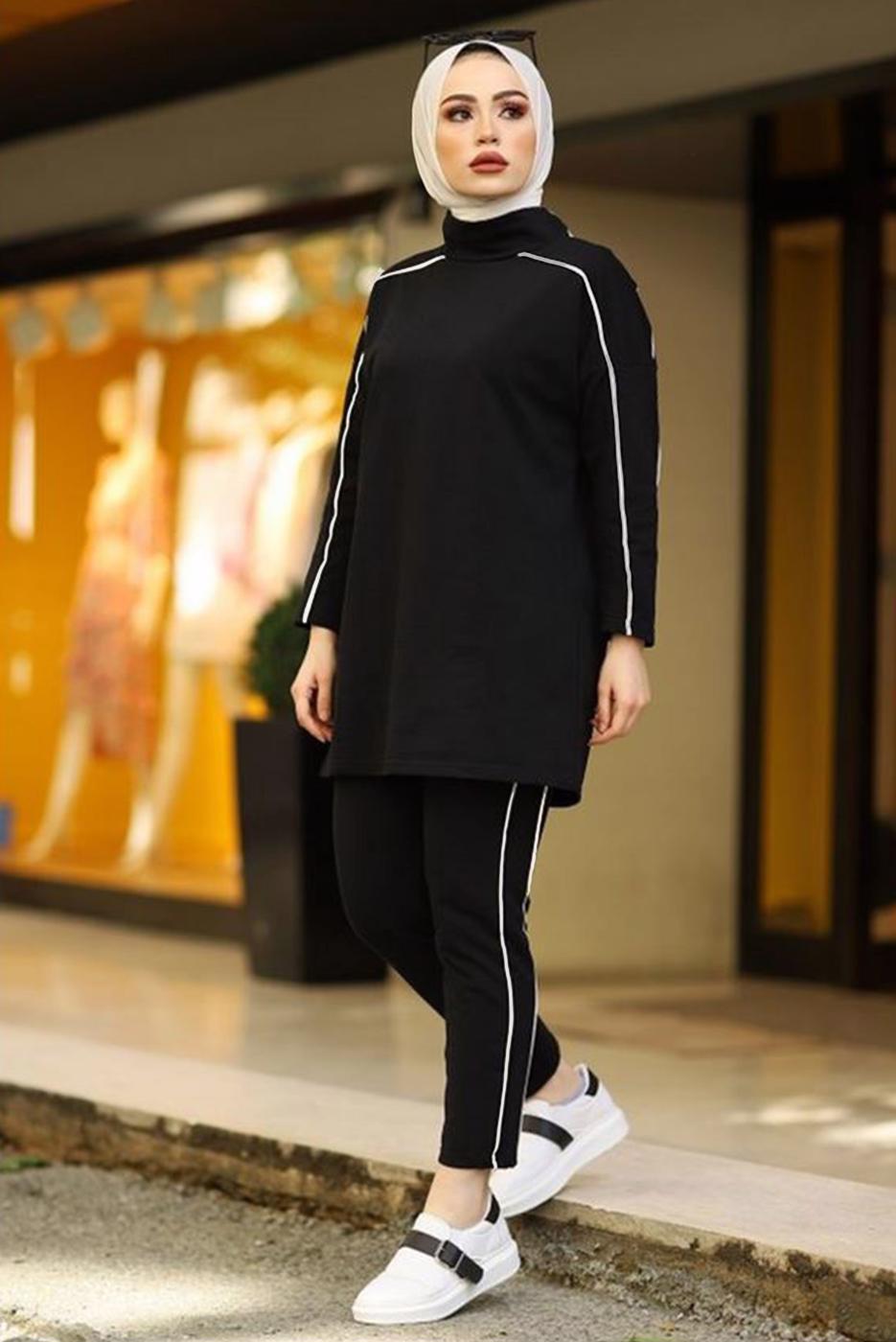 Tesettür giyim SİYAH ŞERİT DETAYLI İKİLİ PANTOLONLU TAKIM T 1102-1