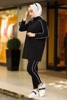 Tesettür giyim SİYAH ŞERİT DETAYLI İKİLİ PANTOLONLU TAKIM T 1102-1