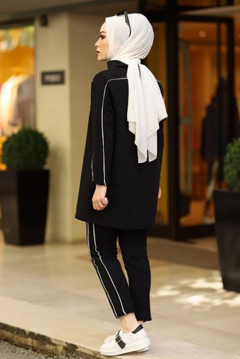 Tesettür giyim SİYAH ŞERİT DETAYLI İKİLİ PANTOLONLU TAKIM T 1102-1