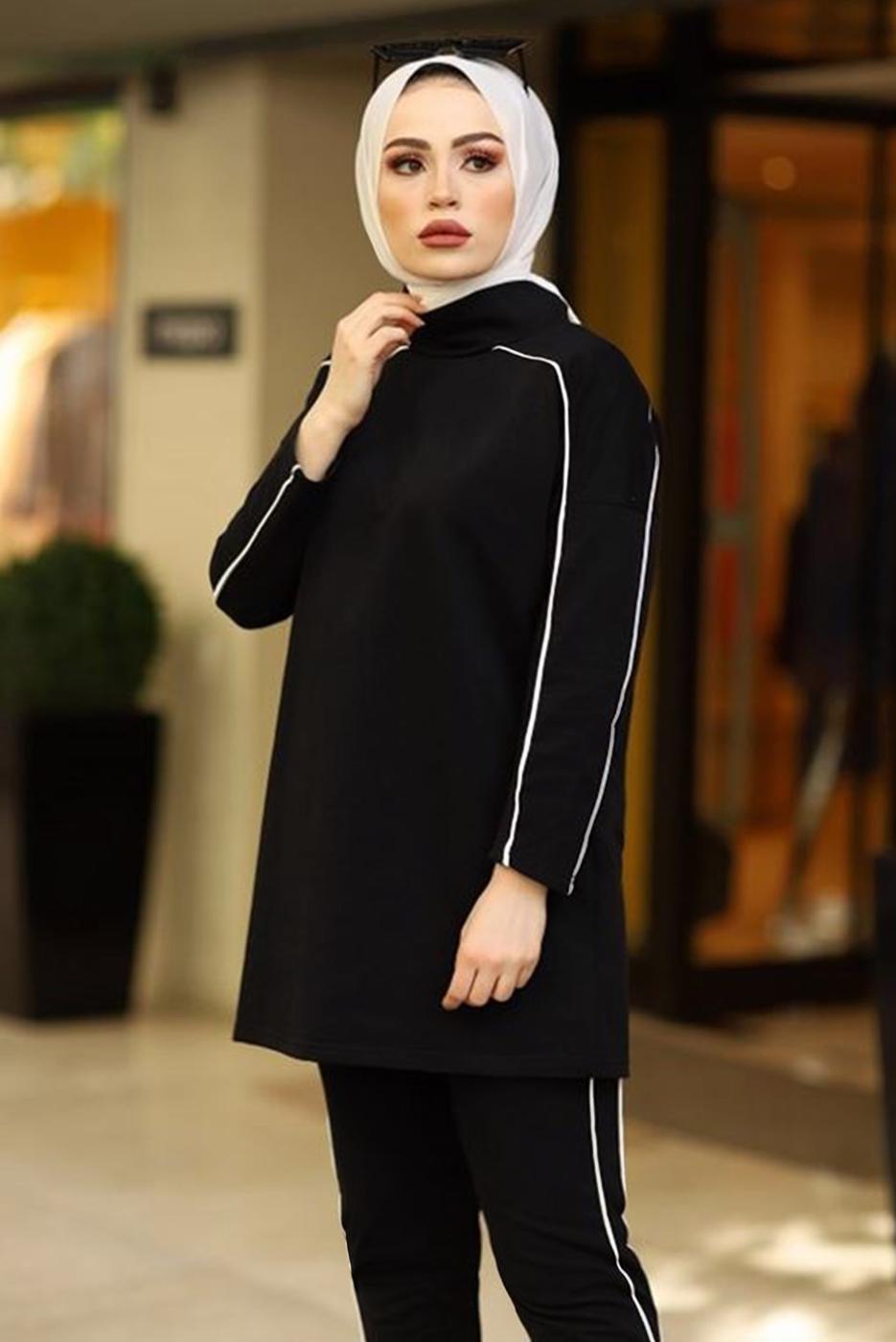 Tesettür giyim SİYAH ŞERİT DETAYLI İKİLİ PANTOLONLU TAKIM T 1102-1