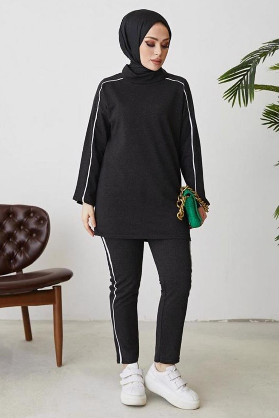 Tesettür giyim GRİ ŞERİT DETAYLI İKİLİ PANTOLONLU TAKIM T 1102-1