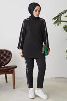 Tesettür giyim GRİ ŞERİT DETAYLI İKİLİ PANTOLONLU TAKIM T 1102-1