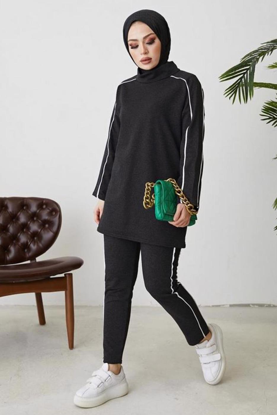 Tesettür giyim GRİ ŞERİT DETAYLI İKİLİ PANTOLONLU TAKIM T 1102-1