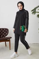 Tesettür giyim GRİ ŞERİT DETAYLI İKİLİ PANTOLONLU TAKIM T 1102-1