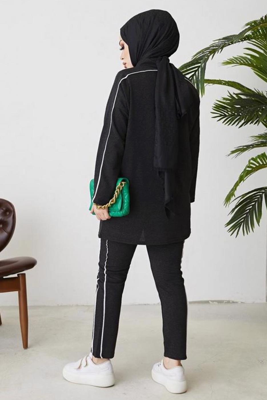 Tesettür giyim GRİ ŞERİT DETAYLI İKİLİ PANTOLONLU TAKIM T 1102-1