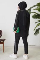 Tesettür giyim GRİ ŞERİT DETAYLI İKİLİ PANTOLONLU TAKIM T 1102-1