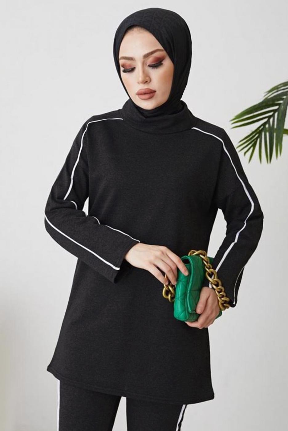 Tesettür giyim GRİ ŞERİT DETAYLI İKİLİ PANTOLONLU TAKIM T 1102-1