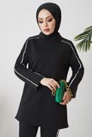 Tesettür giyim GRİ ŞERİT DETAYLI İKİLİ PANTOLONLU TAKIM T 1102-1